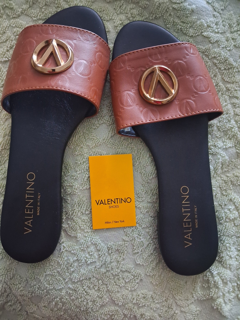 Valentino Tan Leather Slide Sandals with Gold Logo Medallion